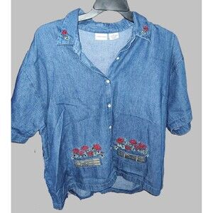 Cabin Creek with Flower Embroidered Denim Shirt - size 3XL